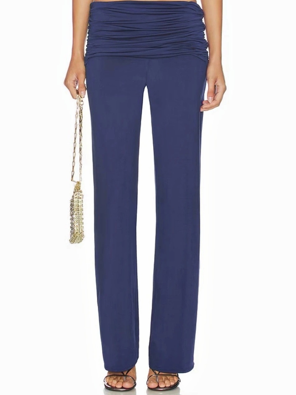 Amanda Uprichard Marcelle Pants Navy Blue Ruched Foldover Flare S NWT